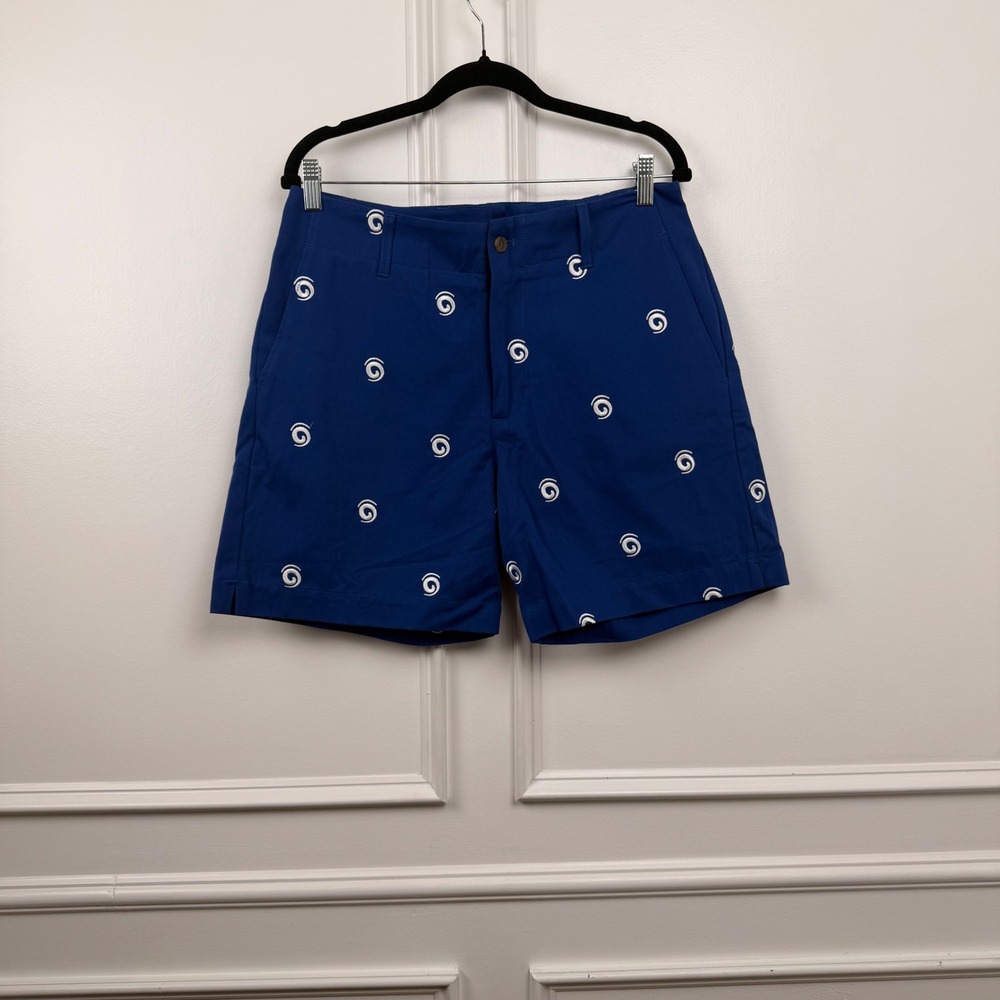 Malbon Golf Mens Blue Embroidered‎ Swirl Cotton Twill Shorts Size 32 NEW